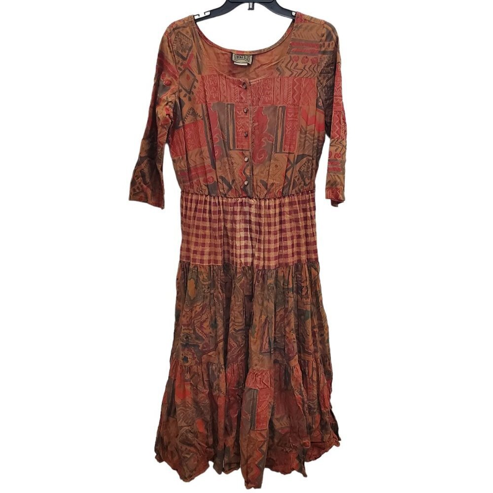 Vintage Blue Women's 80s Mixed Media Country Farmhouse Boho Full Dress Size 9/10